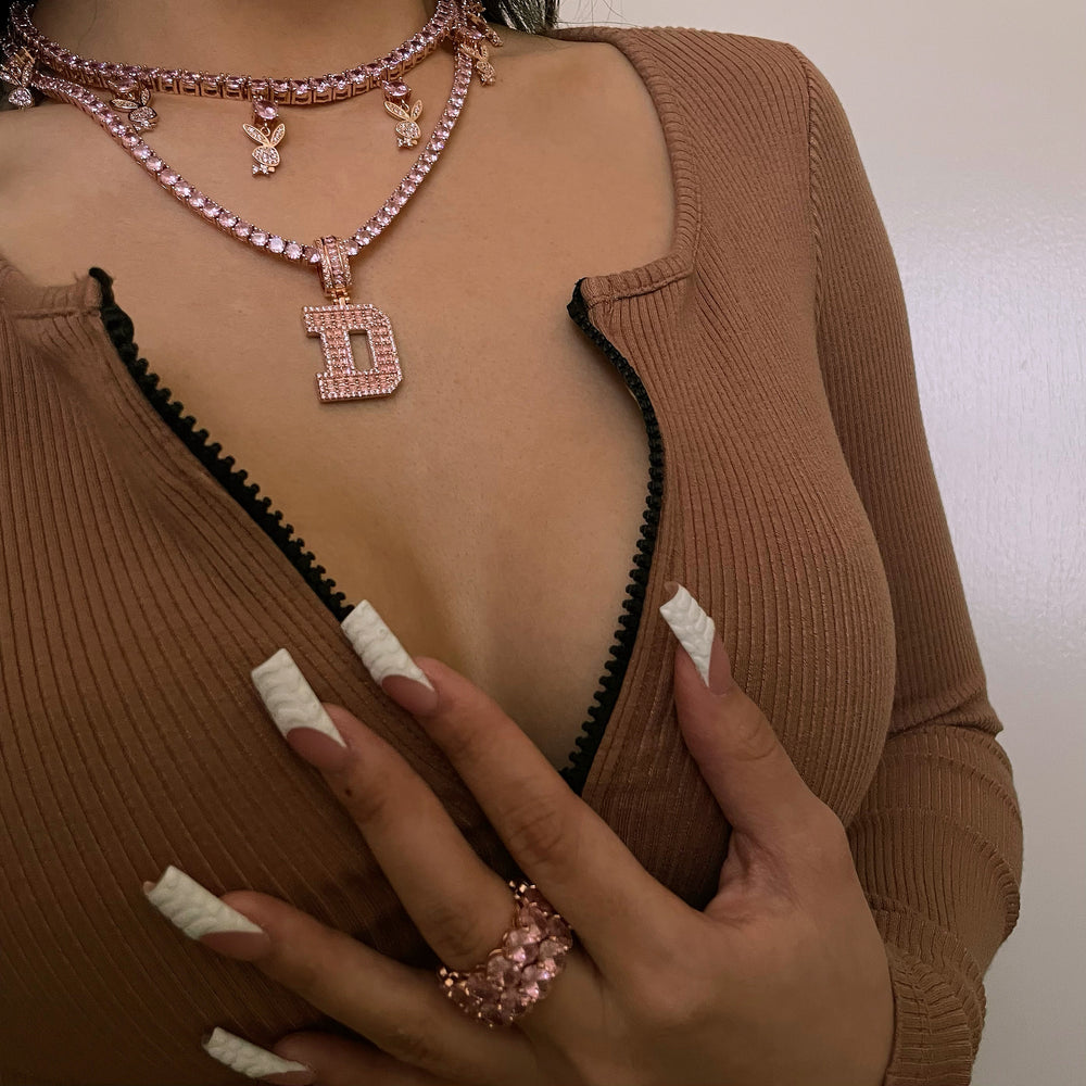 Pink Baguette Varsity Initial Tennis Necklace