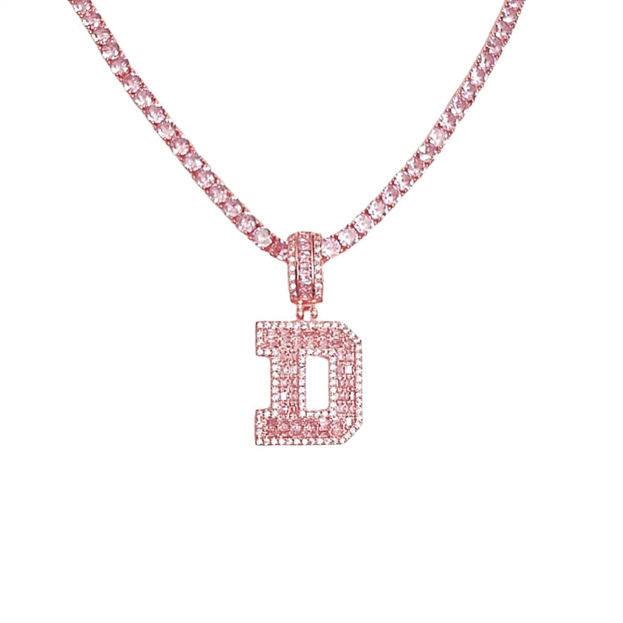 
            
                Load image into Gallery viewer, Pink Baguette Varsity Initial Tennis Necklace
            
        