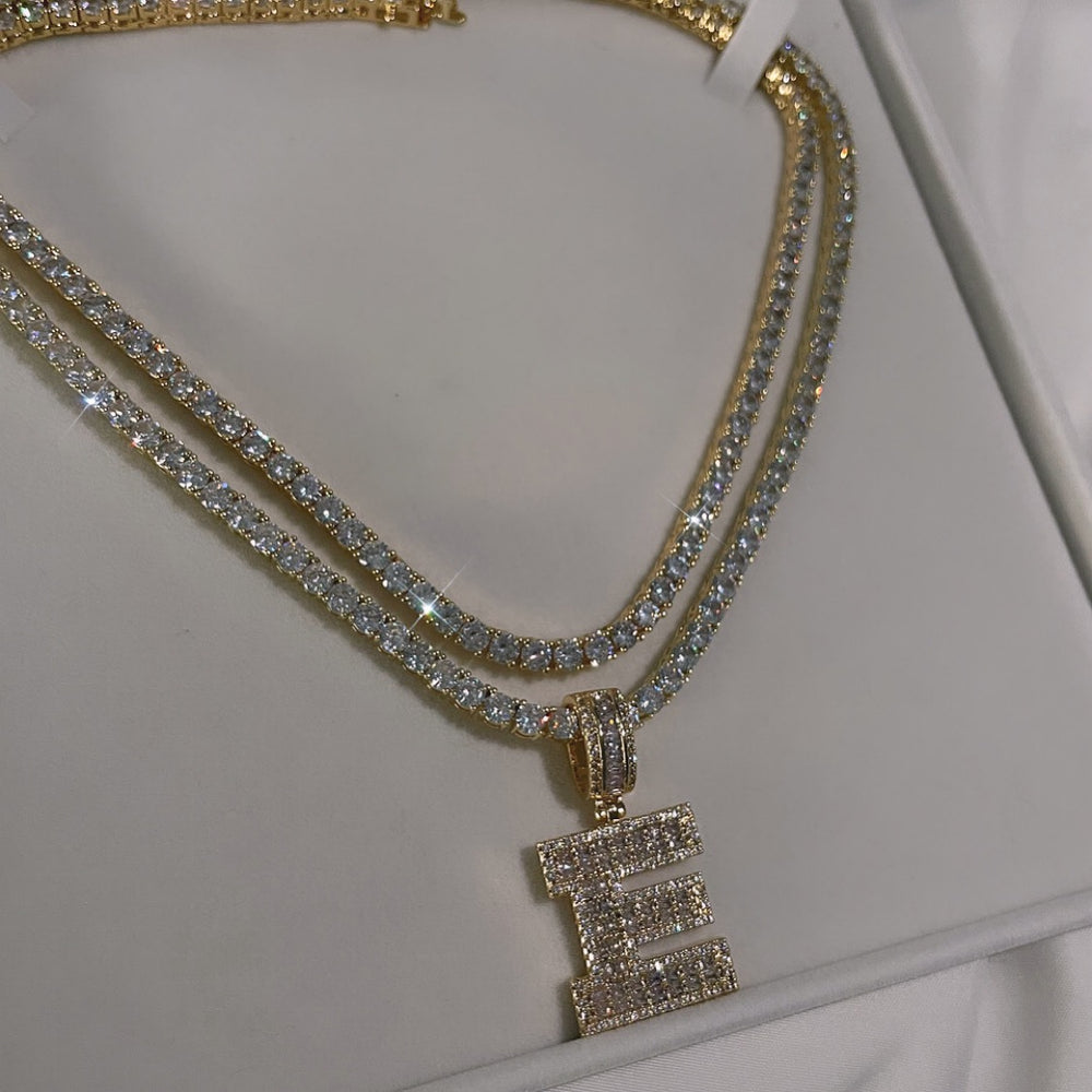 Icy Baguette Varsity Initial Tennis Necklace | Gold